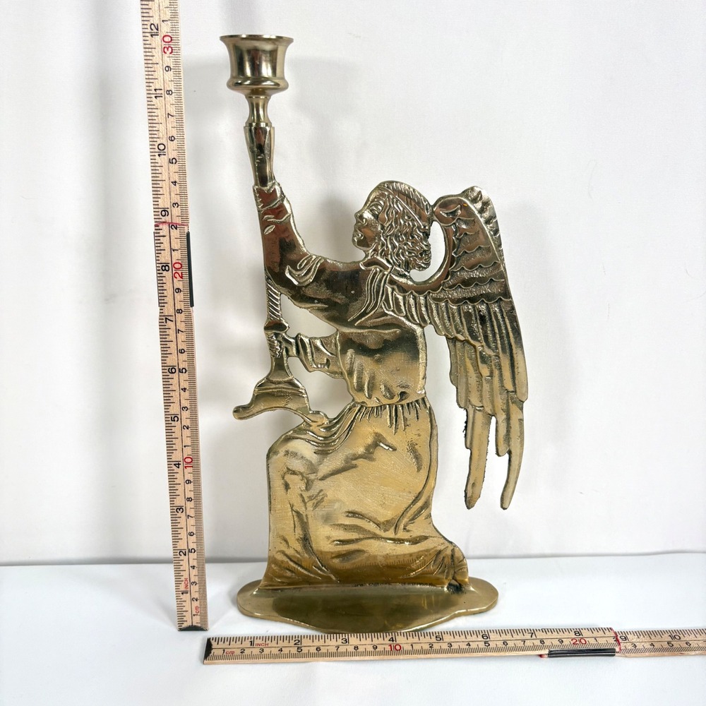 Vintage Brass Kneeling Angel Taper Candle Holder Gold Winged Figurine 12 Inch - Picture 6 of 9